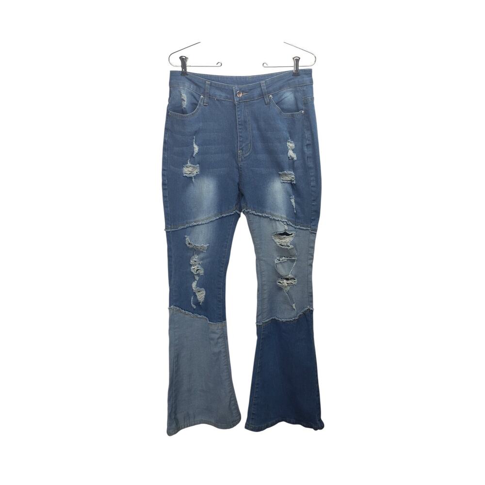 Y2K Two-Tone Flare Jeans Womens L High Rise Distressed Raw Hem Boho Chic Denim